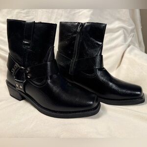 Black Faux Leather Motorcycle Harness Boots